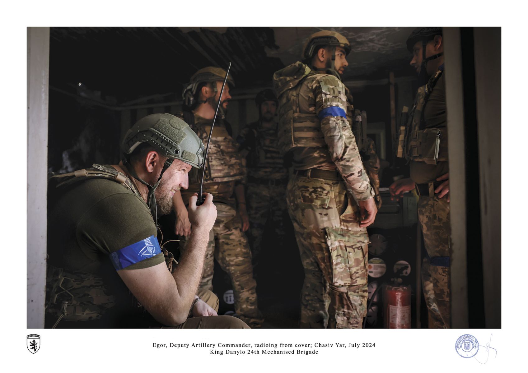 Egor, Deputy Artillery Commander, radioing from cover; Chasiv Yar, July 2024 by ivan petrychak