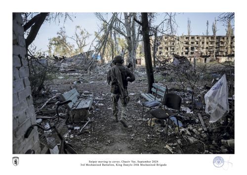 Sniper moving to cover; Chasiv Yar, September 2024