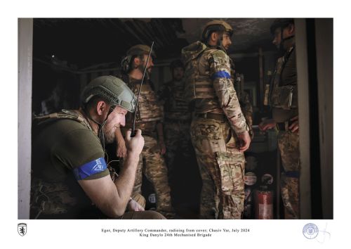 Egor, Deputy Artillery Commander, radioing from cover; Chasiv Yar, July 2024 by ivan petrychak
