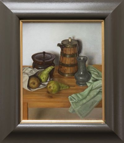still life with pitcher, pewter and pear by gavin young